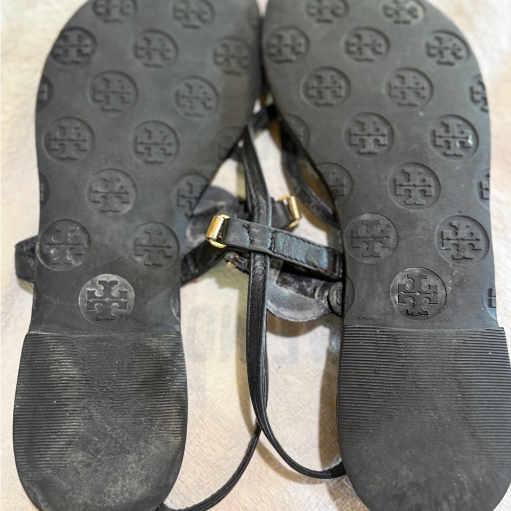 Tory Burch Black Leather Logo Embellished Flat Thong Slingback Sandals SZ 6.5 M - Picture 13 of 13